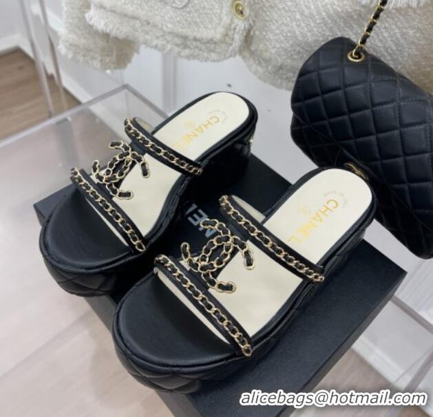 Pretty Style Chanel Lambskin Wedge Slide Sandals 7.5cm with Chain CC Black 505001