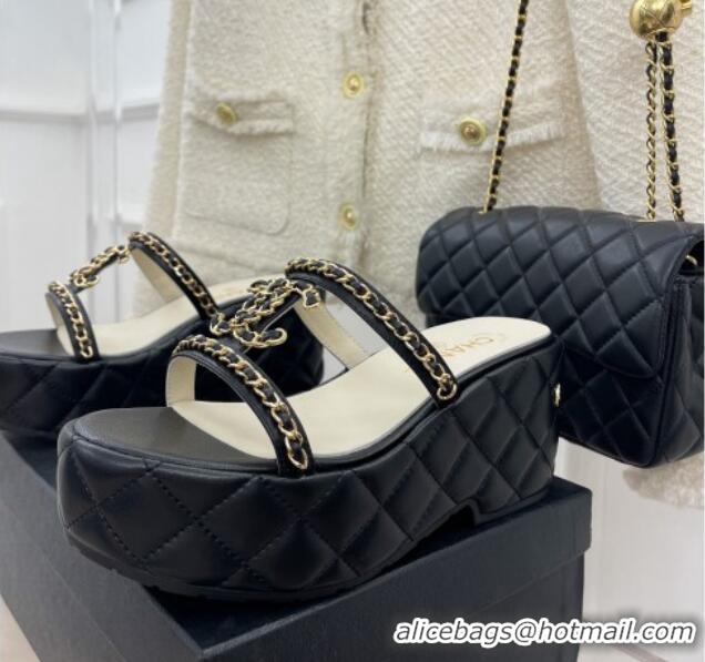 Pretty Style Chanel Lambskin Wedge Slide Sandals 7.5cm with Chain CC Black 505001