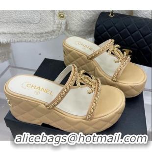 Top Grade Chanel Lambskin Wedge Slide Sandals 7.5cm with Chain CC Beige 505002