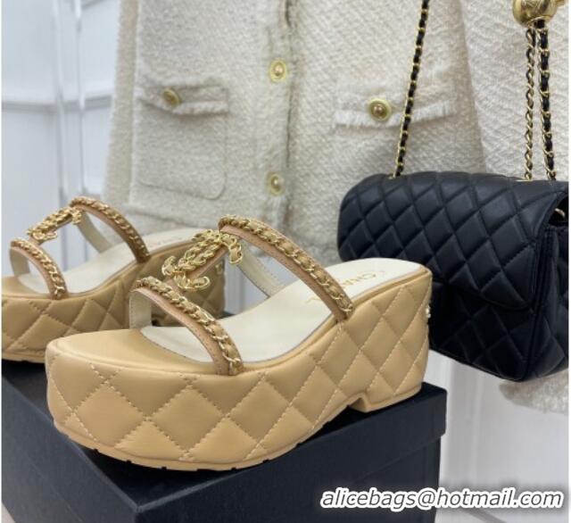 Top Grade Chanel Lambskin Wedge Slide Sandals 7.5cm with Chain CC Beige 505002