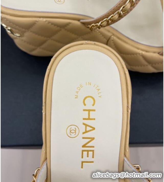 Top Grade Chanel Lambskin Wedge Slide Sandals 7.5cm with Chain CC Beige 505002