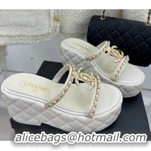 Luxury Chanel Lambskin Wedge Slide Sandals 7.5cm with Chain CC white 505003