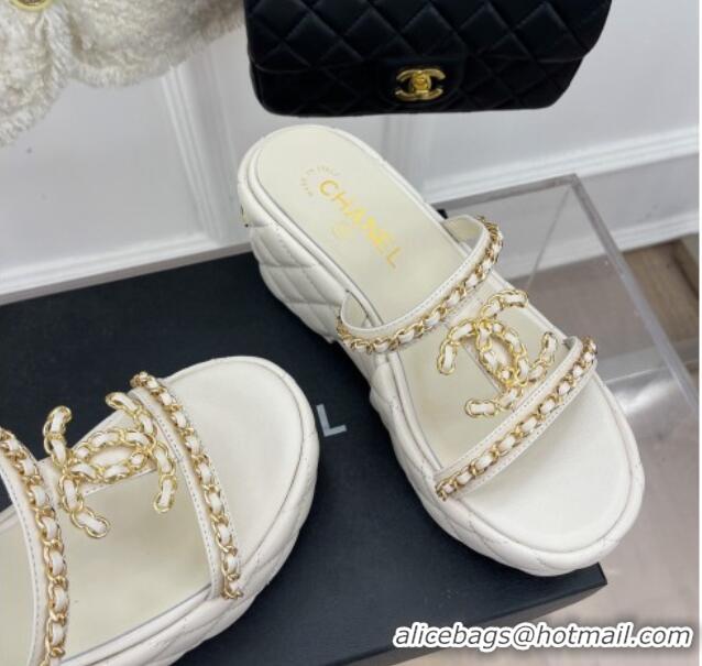 Luxury Chanel Lambskin Wedge Slide Sandals 7.5cm with Chain CC white 505003