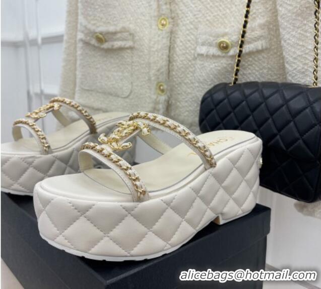 Luxury Chanel Lambskin Wedge Slide Sandals 7.5cm with Chain CC white 505003