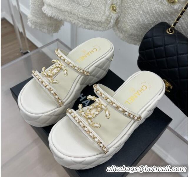 Luxury Chanel Lambskin Wedge Slide Sandals 7.5cm with Chain CC white 505003