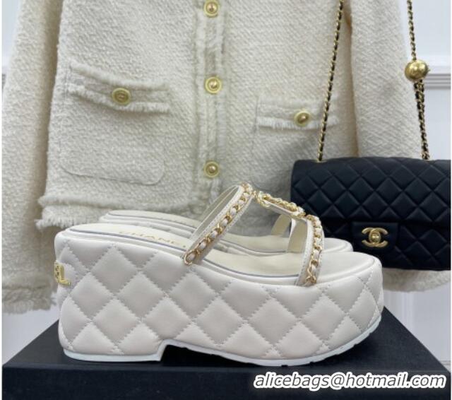 Luxury Chanel Lambskin Wedge Slide Sandals 7.5cm with Chain CC white 505003