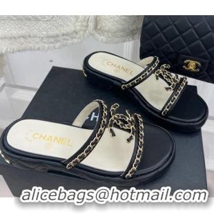 Purchase Chanel Lambskin Wedge Slide Sandals 3cm with Chain CC Black 505004