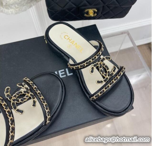 Purchase Chanel Lambskin Wedge Slide Sandals 3cm with Chain CC Black 505004