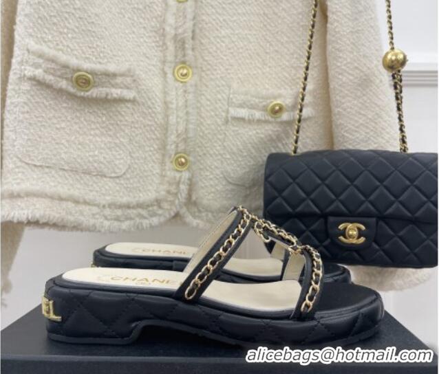 Purchase Chanel Lambskin Wedge Slide Sandals 3cm with Chain CC Black 505004