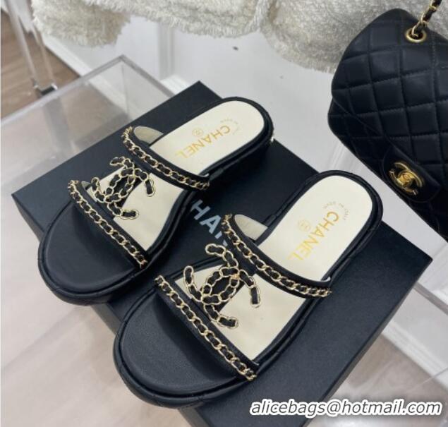 Purchase Chanel Lambskin Wedge Slide Sandals 3cm with Chain CC Black 505004