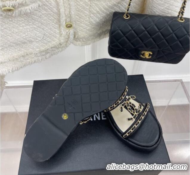 Purchase Chanel Lambskin Wedge Slide Sandals 3cm with Chain CC Black 505004