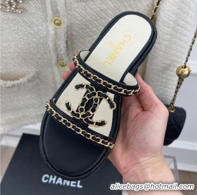 Purchase Chanel Lambskin Wedge Slide Sandals 3cm with Chain CC Black 505004