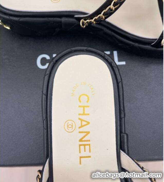 Purchase Chanel Lambskin Wedge Slide Sandals 3cm with Chain CC Black 505004