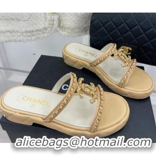 Best Price Chanel Lambskin Wedge Slide Sandals 3cm with Chain CC Beige 505005