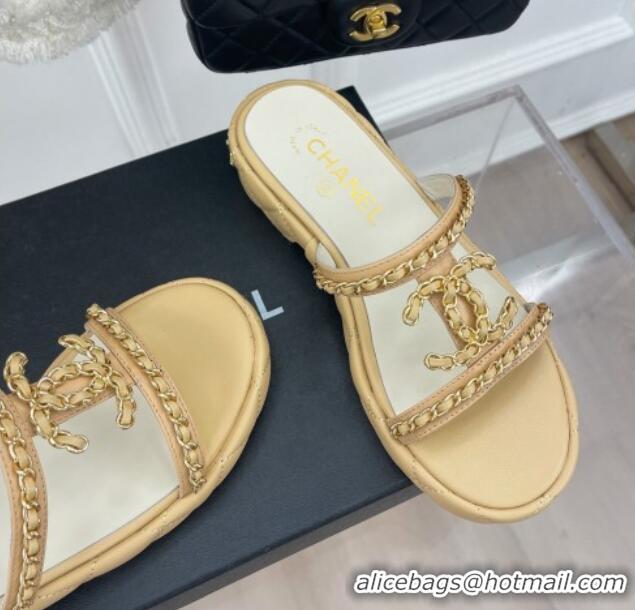 Best Price Chanel Lambskin Wedge Slide Sandals 3cm with Chain CC Beige 505005