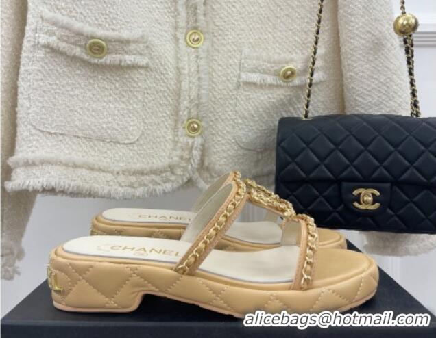 Best Price Chanel Lambskin Wedge Slide Sandals 3cm with Chain CC Beige 505005