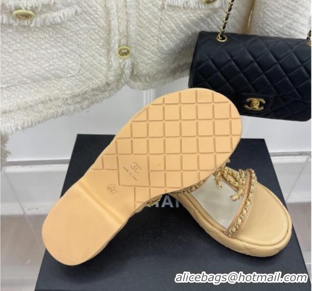 Best Price Chanel Lambskin Wedge Slide Sandals 3cm with Chain CC Beige 505005