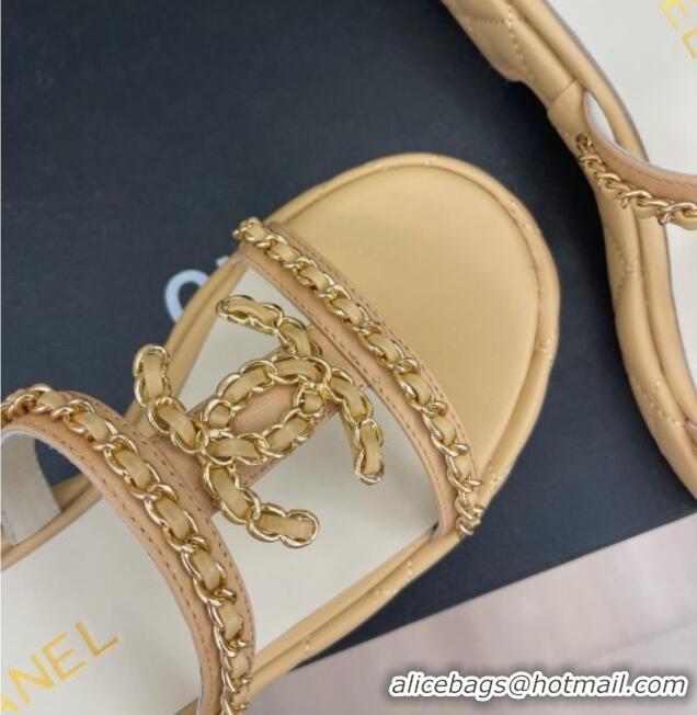 Best Price Chanel Lambskin Wedge Slide Sandals 3cm with Chain CC Beige 505005