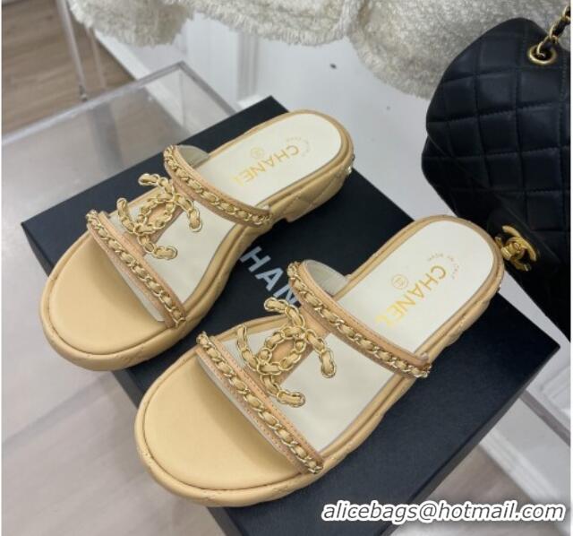 Best Price Chanel Lambskin Wedge Slide Sandals 3cm with Chain CC Beige 505005