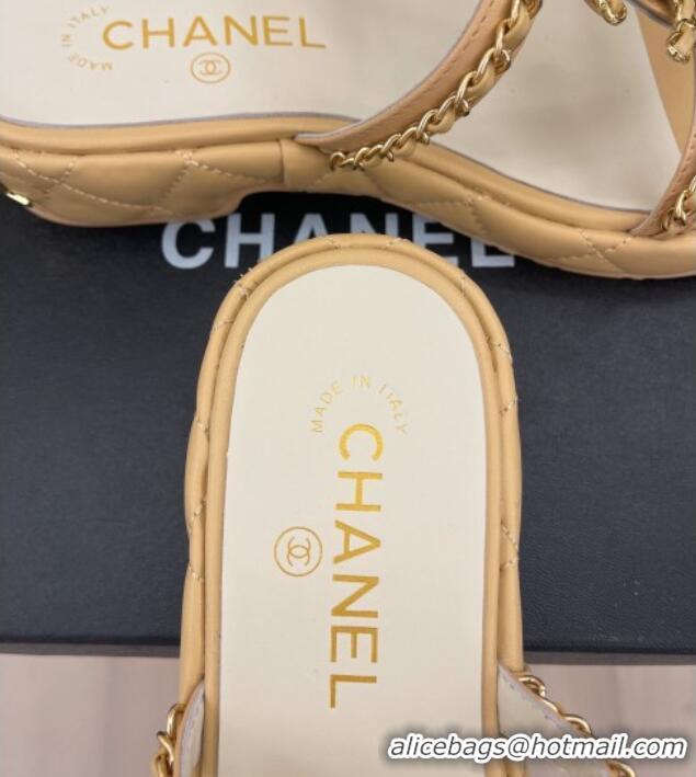 Best Price Chanel Lambskin Wedge Slide Sandals 3cm with Chain CC Beige 505005