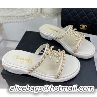 Good Quality Chanel Lambskin Wedge Slide Sandals 3cm with Chain CC White 505006