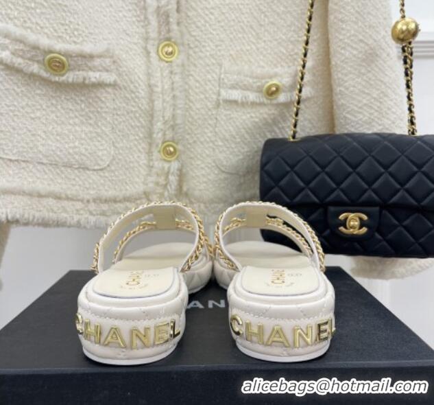 Good Quality Chanel Lambskin Wedge Slide Sandals 3cm with Chain CC White 505006