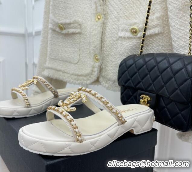 Good Quality Chanel Lambskin Wedge Slide Sandals 3cm with Chain CC White 505006