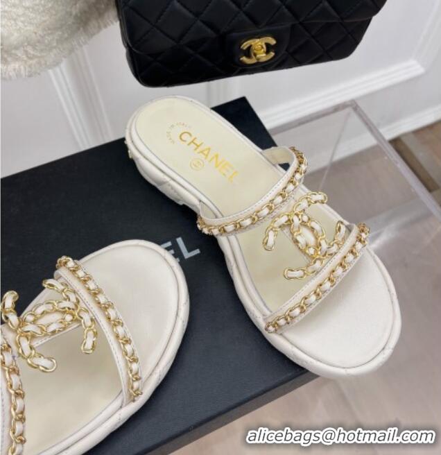 Good Quality Chanel Lambskin Wedge Slide Sandals 3cm with Chain CC White 505006