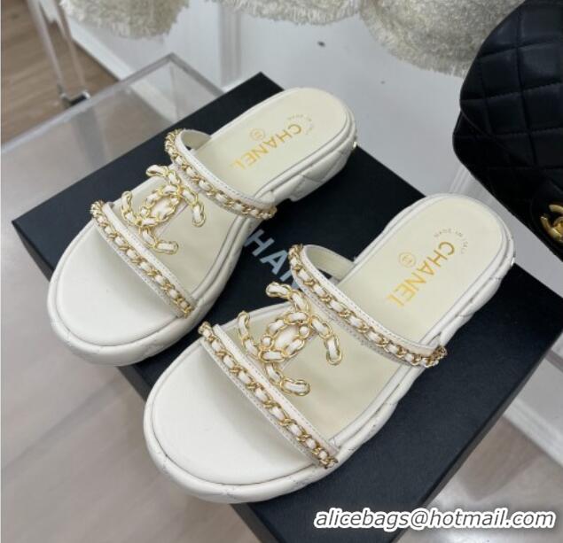 Good Quality Chanel Lambskin Wedge Slide Sandals 3cm with Chain CC White 505006