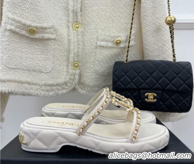 Good Quality Chanel Lambskin Wedge Slide Sandals 3cm with Chain CC White 505006