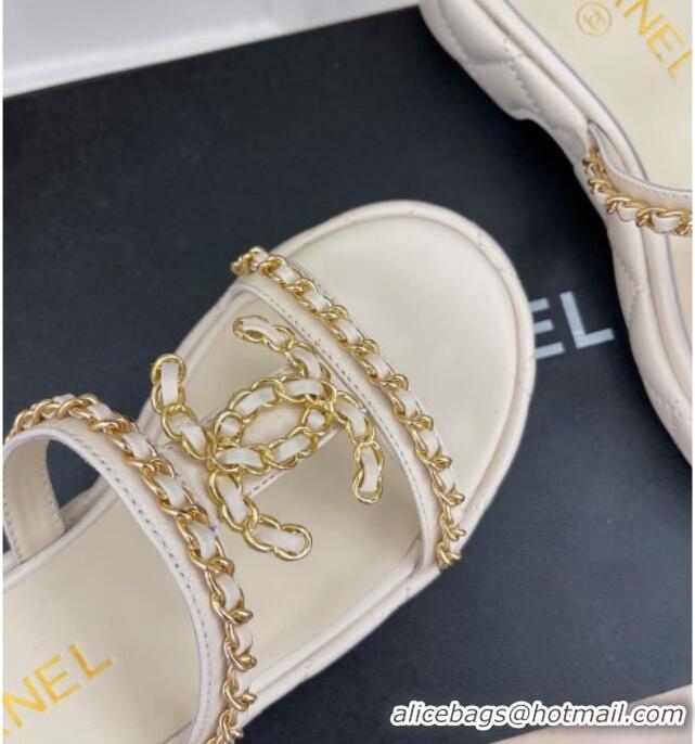 Good Quality Chanel Lambskin Wedge Slide Sandals 3cm with Chain CC White 505006