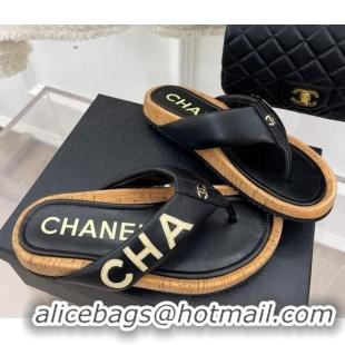 Grade Quality Chanel Calfskin Flat Thong Slide Sandals Black 505007