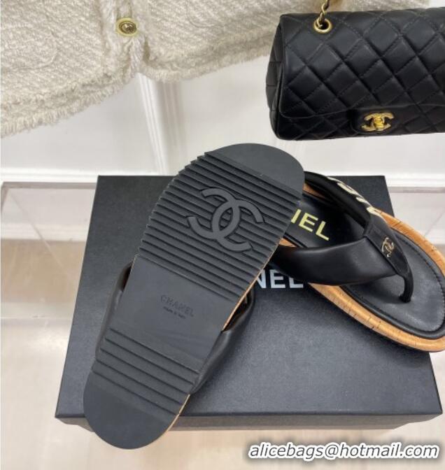 Grade Quality Chanel Calfskin Flat Thong Slide Sandals Black 505007