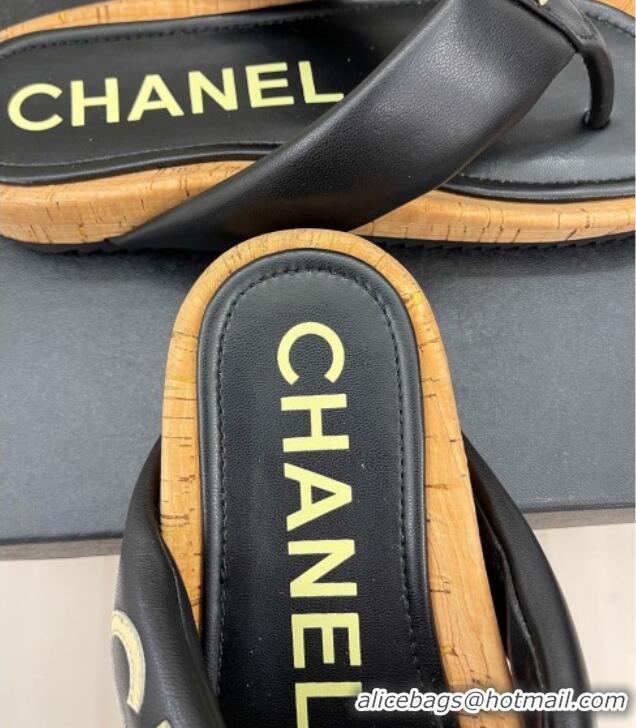 Grade Quality Chanel Calfskin Flat Thong Slide Sandals Black 505007