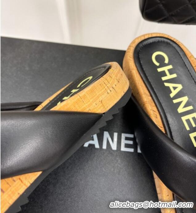 Grade Quality Chanel Calfskin Flat Thong Slide Sandals Black 505007