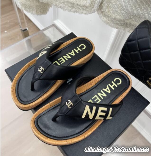 Grade Quality Chanel Calfskin Flat Thong Slide Sandals Black 505007