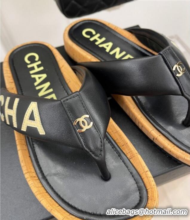 Grade Quality Chanel Calfskin Flat Thong Slide Sandals Black 505007