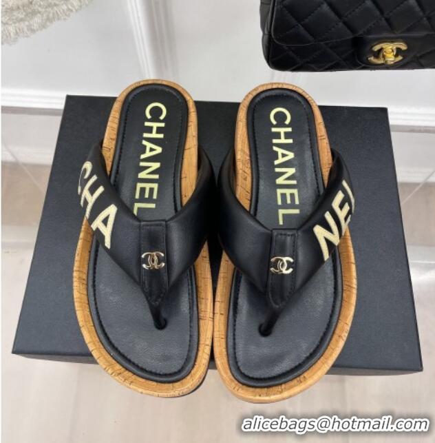 Grade Quality Chanel Calfskin Flat Thong Slide Sandals Black 505007