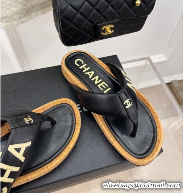 Grade Quality Chanel Calfskin Flat Thong Slide Sandals Black 505007