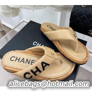 Perfect Chanel Calfskin Flat Thong Slide Sandals Beige 505008