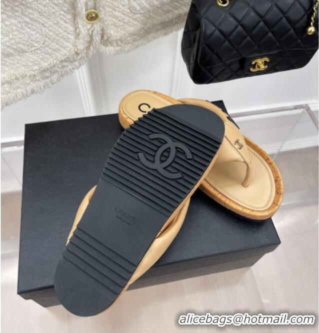 Perfect Chanel Calfskin Flat Thong Slide Sandals Beige 505008