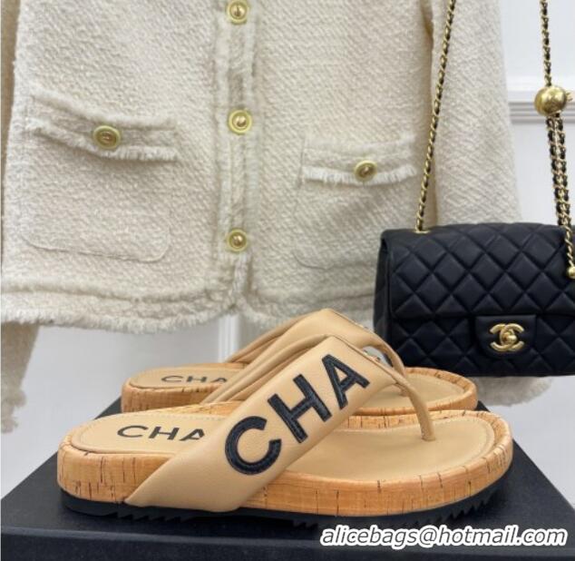 Perfect Chanel Calfskin Flat Thong Slide Sandals Beige 505008