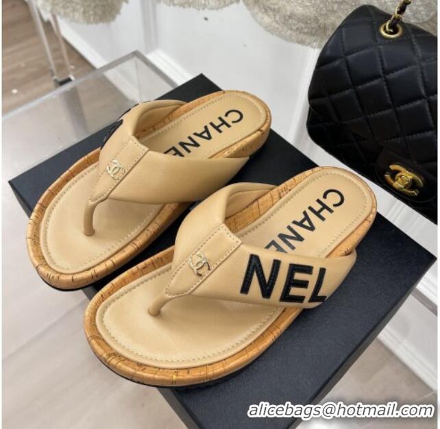 Perfect Chanel Calfskin Flat Thong Slide Sandals Beige 505008