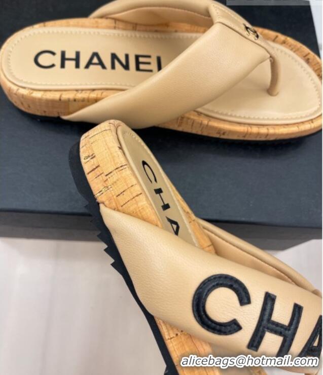 Perfect Chanel Calfskin Flat Thong Slide Sandals Beige 505008