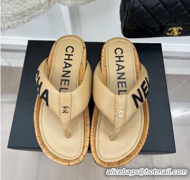 Perfect Chanel Calfskin Flat Thong Slide Sandals Beige 505008