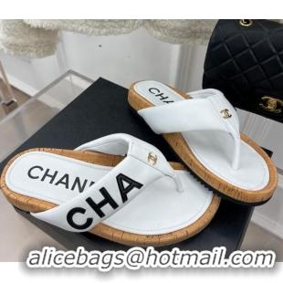 Best Price Chanel Calfskin Flat Thong Slide Sandals White 505009