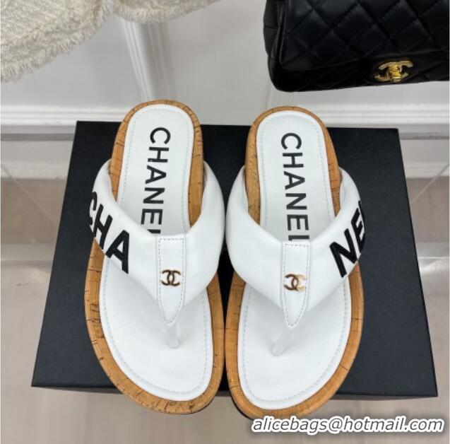 Best Price Chanel Calfskin Flat Thong Slide Sandals White 505009