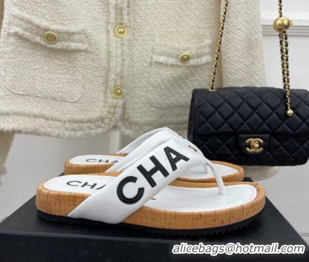 Best Price Chanel Calfskin Flat Thong Slide Sandals White 505009