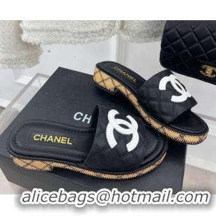 Pretty Style Chanel Calfskin Heel Slide Sandals 4cm with Quilted Sole Black 505010