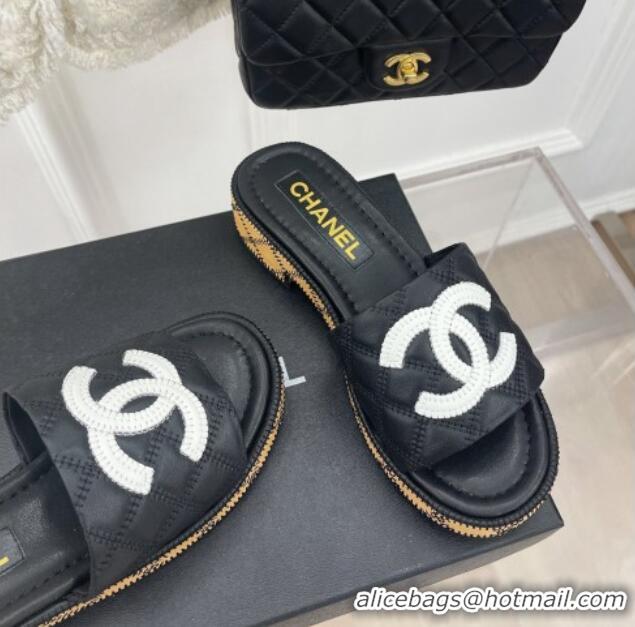 Pretty Style Chanel Calfskin Heel Slide Sandals 4cm with Quilted Sole Black 505010